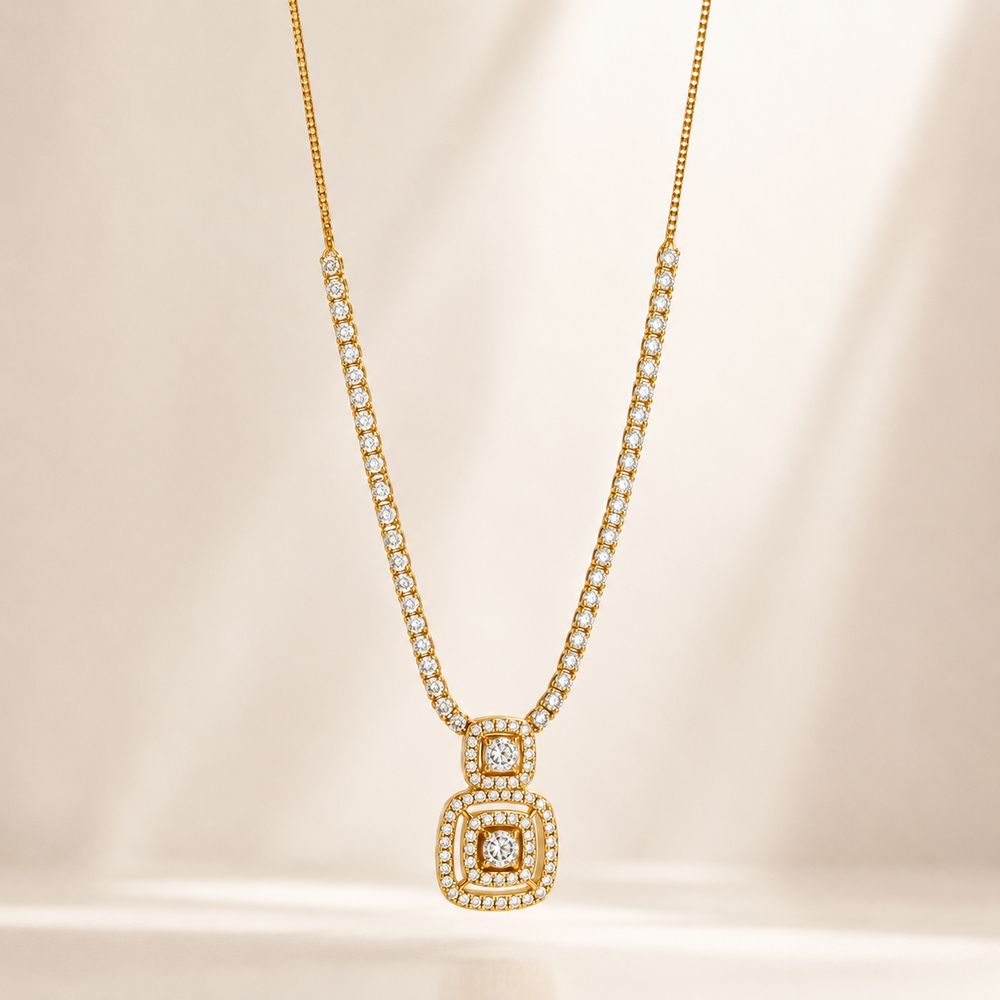 The Golden Double Square Halo Tennis Necklace