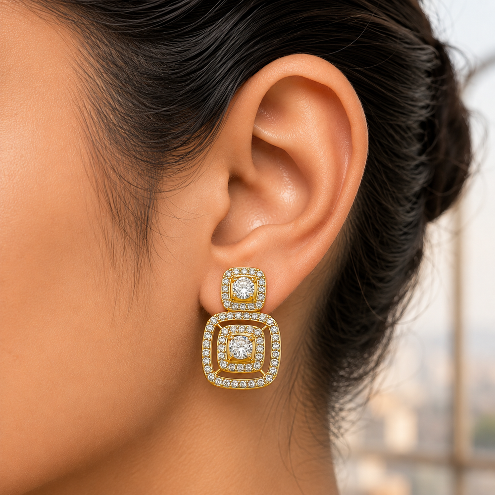 The Golden Double Square Halo Earrings