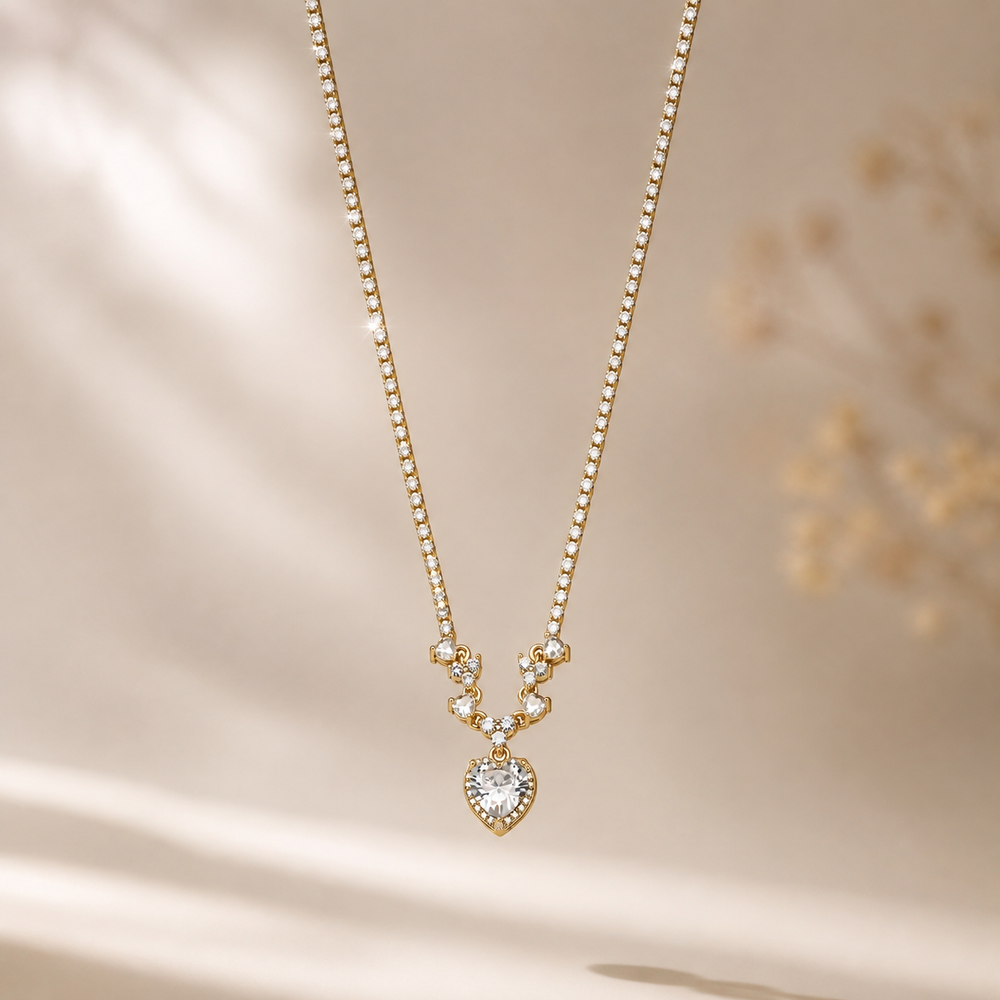The Golden Heart Halo Tennis Necklace