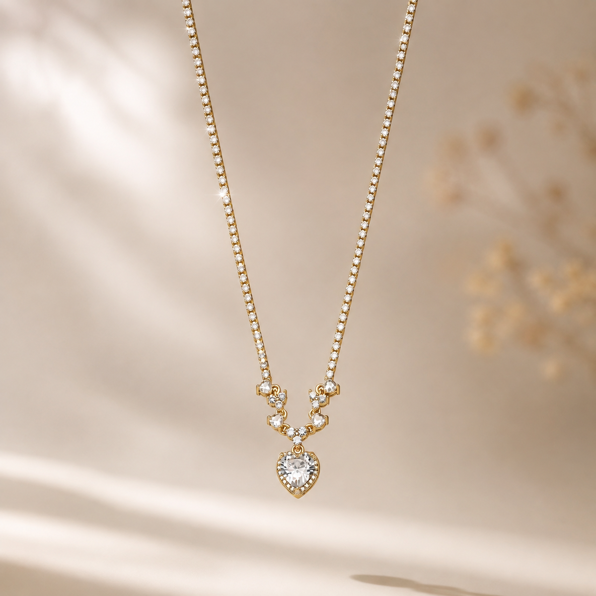 The Golden Heart Halo Tennis Necklace