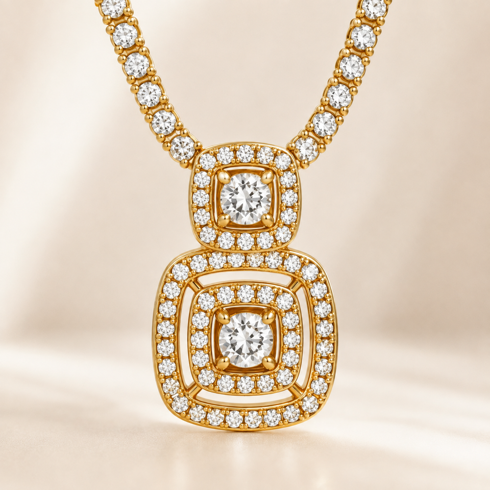 The Golden Double Square Halo Tennis Necklace