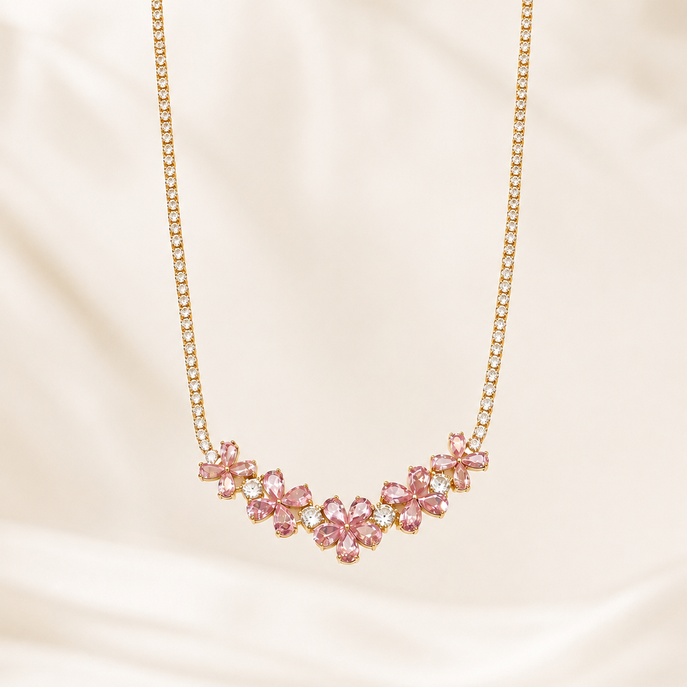 The Golden Pink Blossom Tennis Necklace