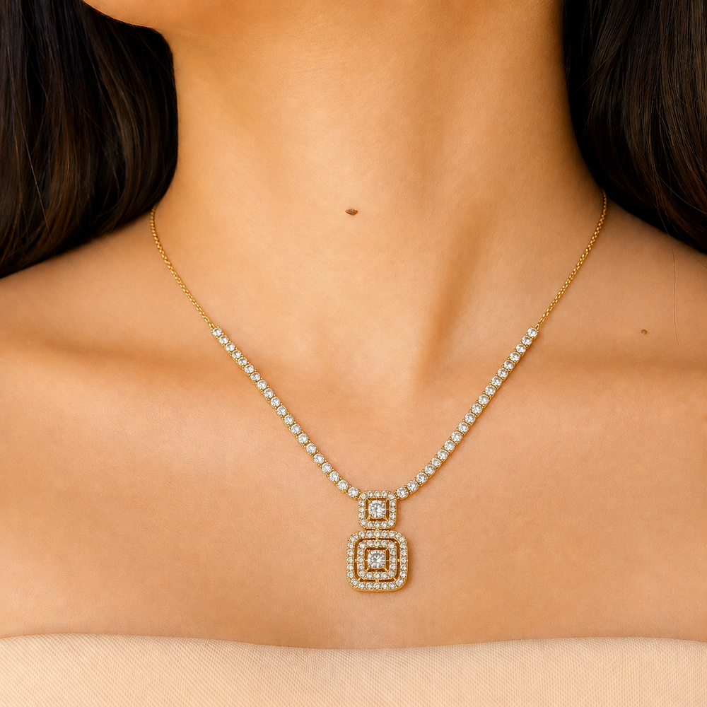 The Golden Double Square Halo Tennis Necklace