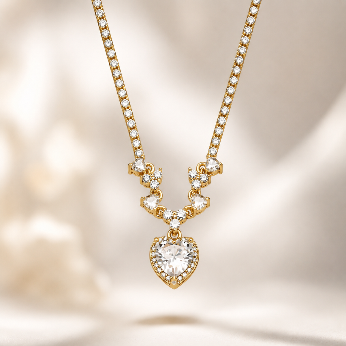 The Golden Heart Halo Tennis Necklace