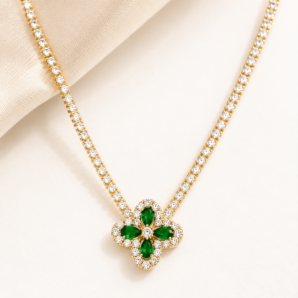 The Golden Emerald Clover Tennis Necklace