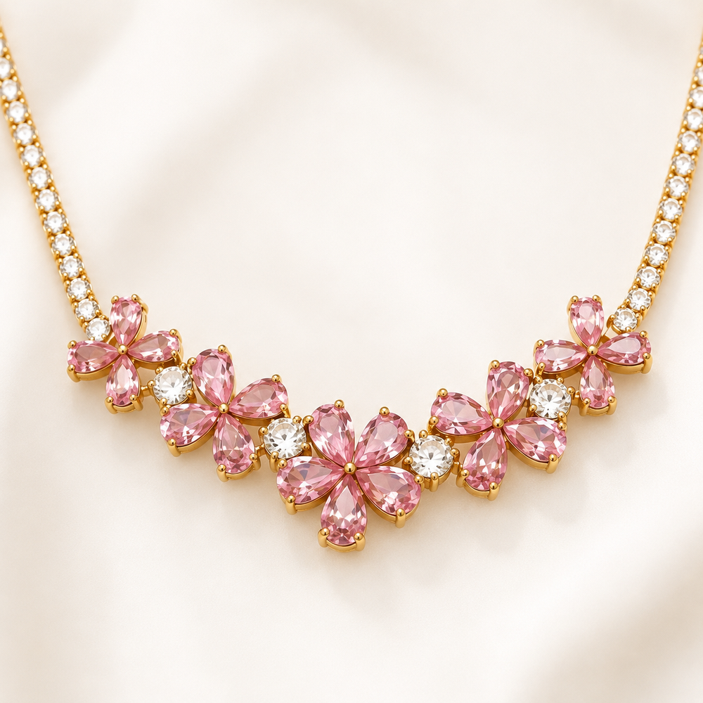 The Golden Pink Blossom Tennis Necklace