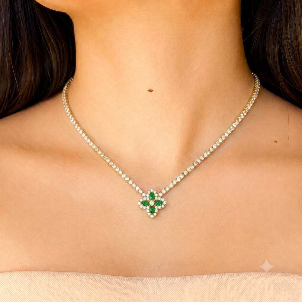 The Golden Emerald Clover Tennis Necklace