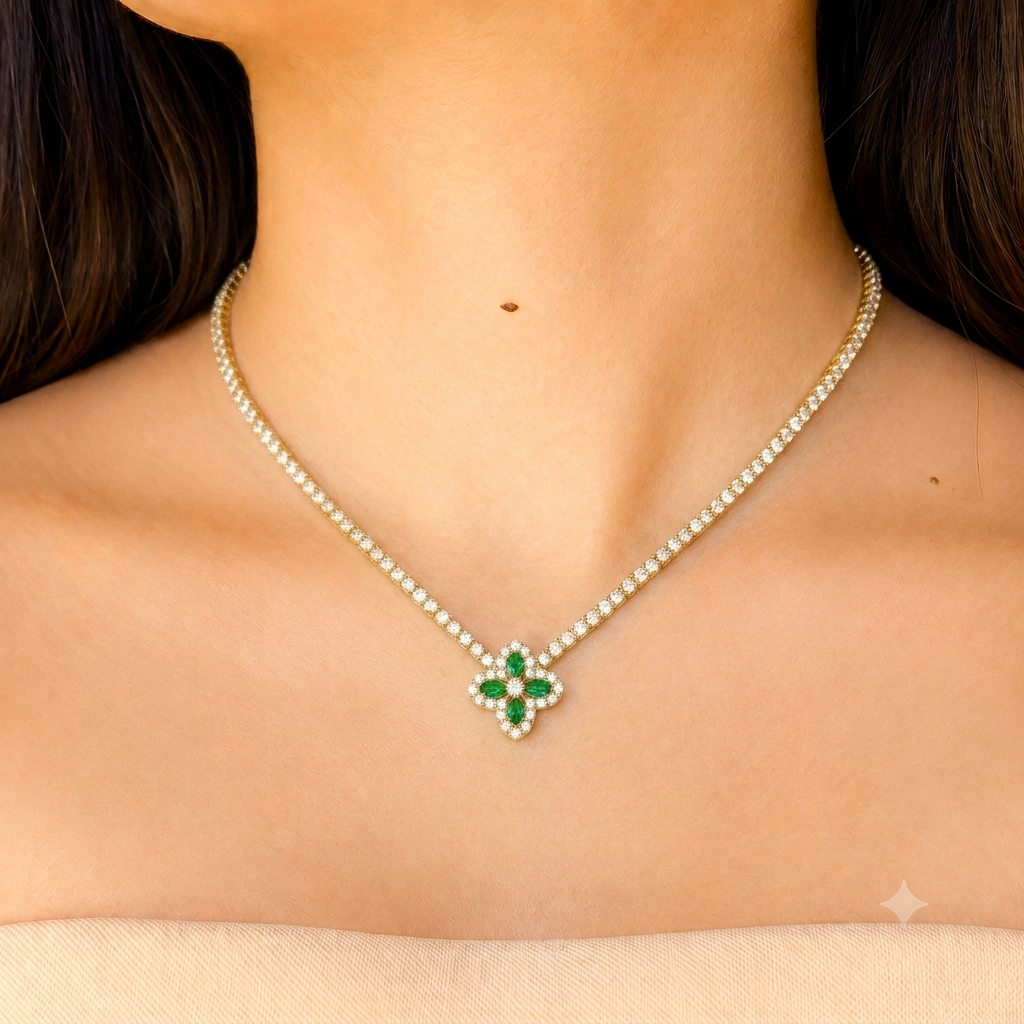 The Golden Emerald Clover Tennis Necklace