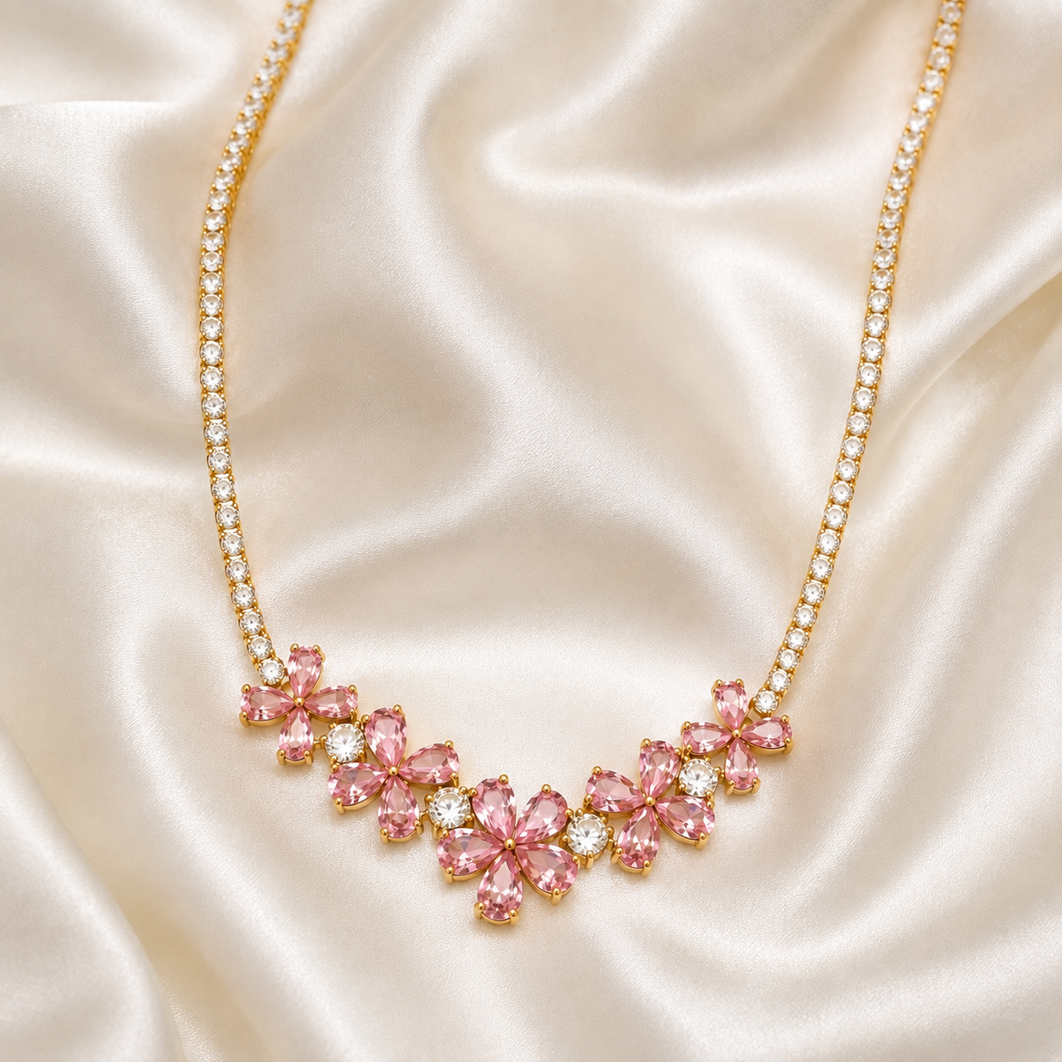 The Golden Pink Blossom Tennis Necklace