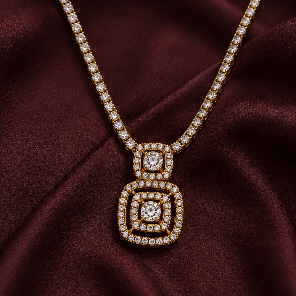 The Golden Double Square Halo Tennis Necklace