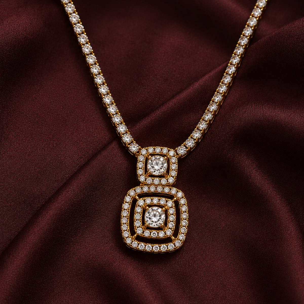 The Golden Double Square Halo Tennis Necklace