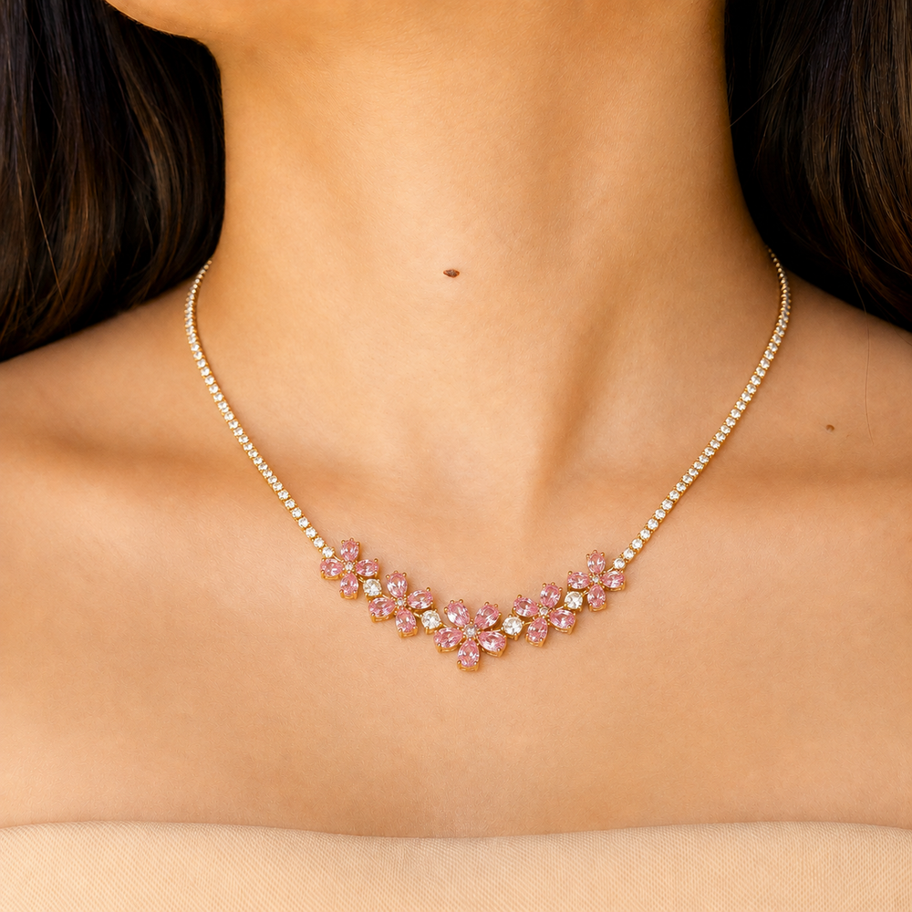 The Golden Pink Blossom Tennis Necklace