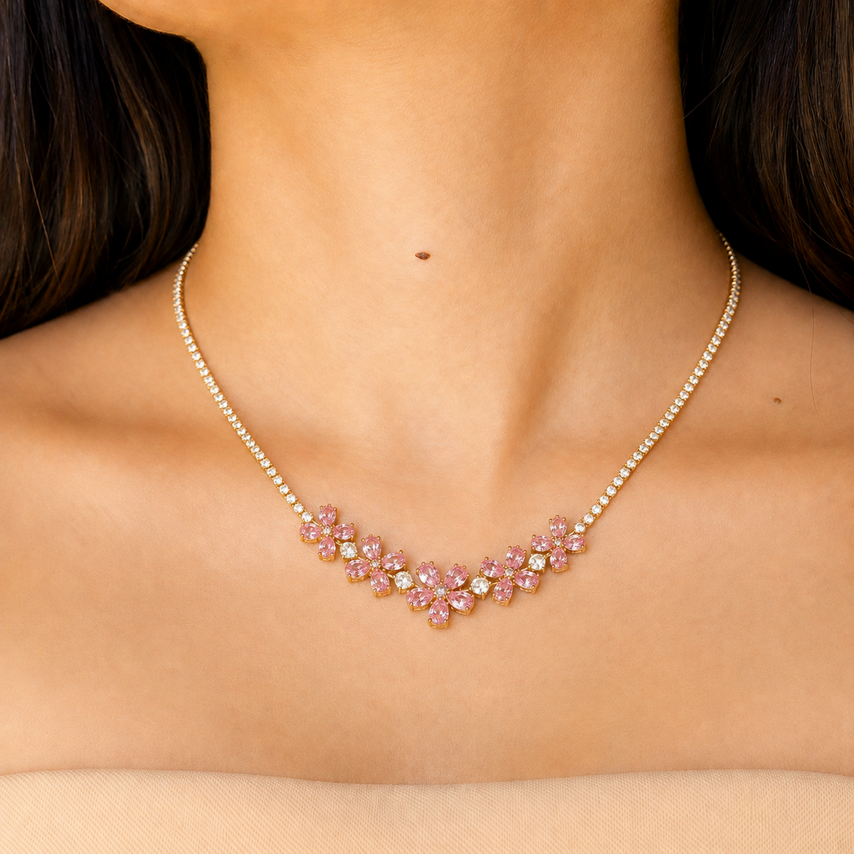 The Golden Pink Blossom Tennis Necklace