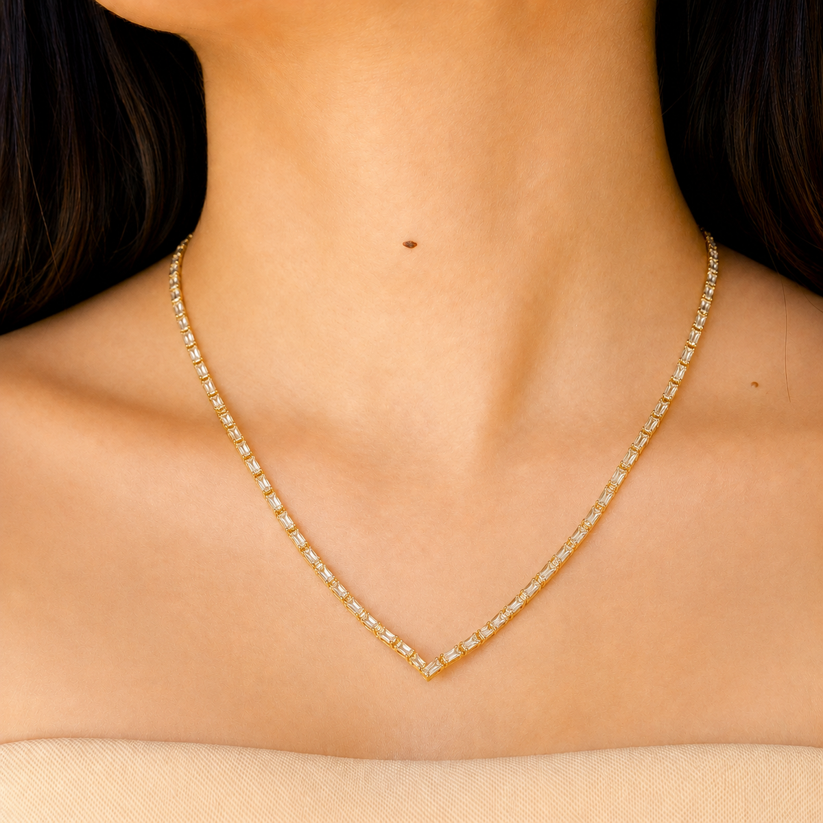 The Golden Baguette V-Tennis Necklace